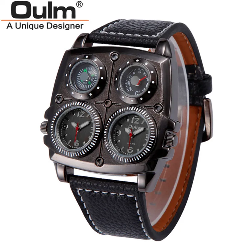  OULM 1140 Mens Dual Time Zone Military Watch with Compass Thermometer Big Rectangular Leather Casua