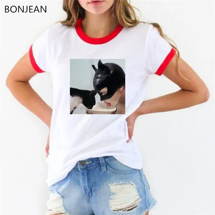 Женские Забавные футболки с принтом кошки и поцелуй Бэтмена, Женская белая футболка harajuku, женская одежда tumblr, женская футболка, уличная одежда - Цвет: 41652 R