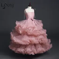 Довольно 2018 Бледно-розовый пачка Нарядные платья для Обувь для девочек Шнуровка с бантиком Длинные платье с цветочным узором для девочек