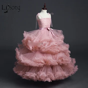 Pretty 2018 Dusty Pink Tutu Pageant Dresses For Girls Lace Bow Long Flower Girl Dress Ball Gowns Kids Communion Dresses little girls dress with short sleeves mesh kids ball gowns pink bow vestido nina long children fancy dress for girls 2 12 years