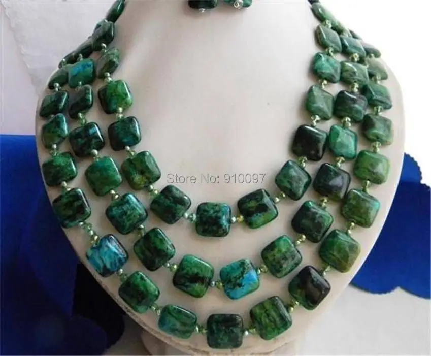 

free shipping >>3Strands 17-19" 14MM Malachite Green Baroque Freshwater Pearl Earring Necklace