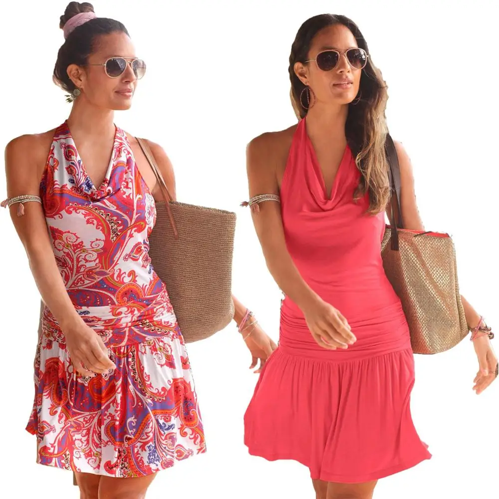 

New Summer 2019 Casual Women Dress Halter Sleeveless Printed Sexy Beach Dress Backless Loose Short Dress Fashion Female Vestidos