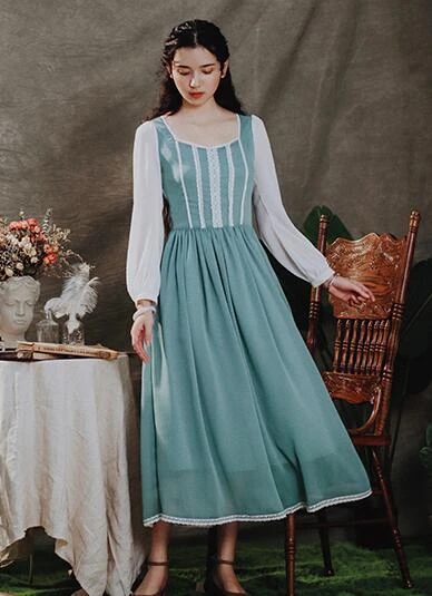 

Women Vintage Retro Elegant Chiffon Long Dress Ladies Fairy Mint Green Cinderella Dresses