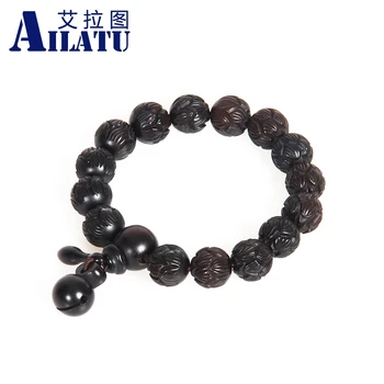

Ailatu Wholesale 10pcs/lot 10mm, 12mm, 15mm Lightning Wood Carved Lotus Beaded Wooden Fish Tibetan Mala Prayer Bracelet