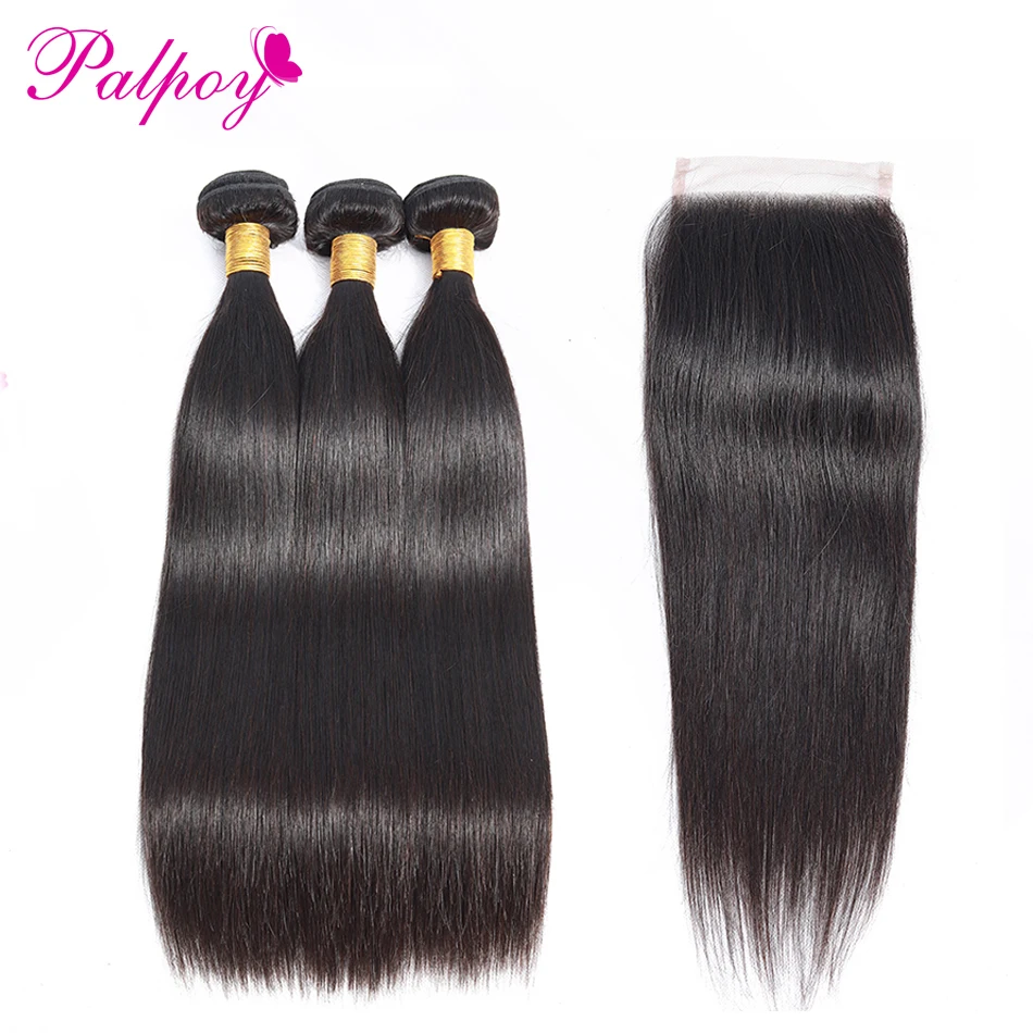 Straight Human Hair 3 Bundles With Closure Peruvian Remy Natural Color Hair Extension Hair Weave Bundles With Closure Abdo