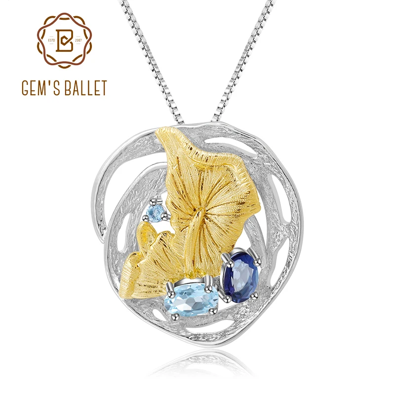 

GEM'S BALLET Natural Sky Blue Topaz Mystic Quartz 925 Sterling Silver Handmade Monstera Leaves Pendant Necklace for Women