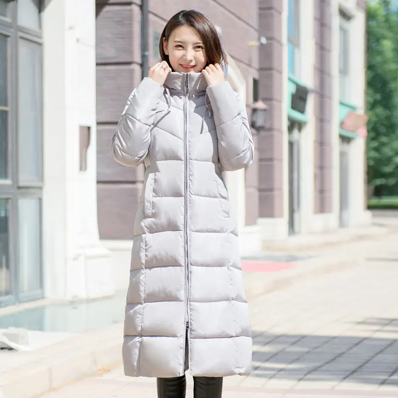 Grey High quality Stand Collar Hooded Coat women Winter slim waist Warm Thicken long parkas plus size Solid Padded Parka 4XL - Цвет: Grey