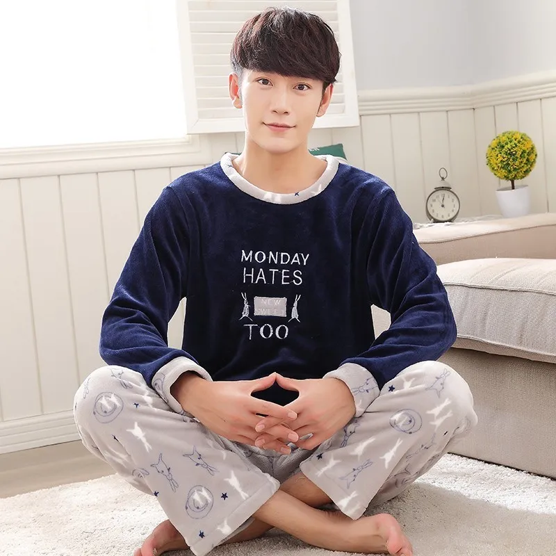 Men's Pajamas Winter Autumn Long Sleeve Home Wear Flannel Warm Plaid