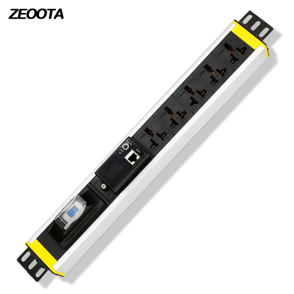 

1U PDU Power Strip Cabinet Plug Socket 5 Way Universal Outlets16A Ammeter Voltmeter 485 Interface Break Switch 2m Extension Cord