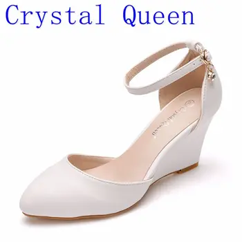 

Crystal Queen Women Sandals Casual white Wedge Sandals Summer Ankle Strap Med Heel Platform Pump High Heels Shoes