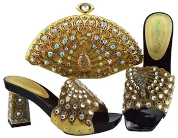 

New Gold Color African Sets 2019 Nigeria Wedding Shoes and Bags Set Decoratd with Rhinestone Set Italian Shoes and Bags To Match