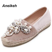 Aneikeh 2017 Spring Autumn Women Loafer Round Toe Espadrilles Pearl Comfortable Hemp Bottom Women Shoes Slip On Zapato Mujer