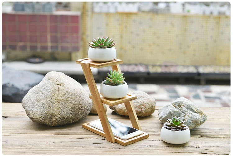 JAROWN Simulation Succulent Plant Ceramic Small Flower Pot Creative Bamboo Frame Bonsai Home Decoration Wedding Decor (5)