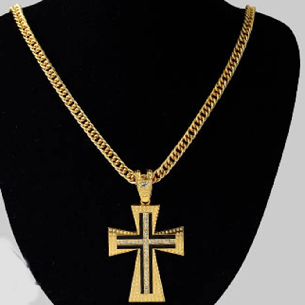 Large Cross Pendant Yellow Gold Filled Mens Crucifix Pendant Chain
