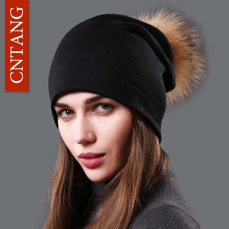CNTANG Female Natural Raccoon Fur Pompom Hats Beanies Autumn Winter Warm Solid Caps For Women Fashion Cotton Skullies Thin Hat 2