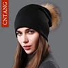 CNTANG Female Natural Raccoon Fur Pompom Hats Beanies Autumn Winter Warm Solid Caps For Women Fashion Cotton Skullies Thin Hat 2