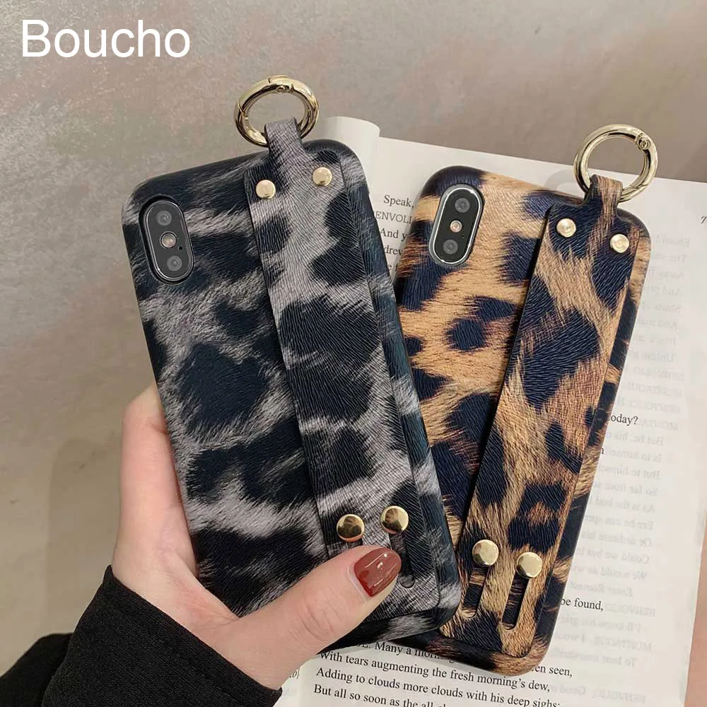 

Boucho Fashion Leopard Wrist Strap Phone Case For iphone XS MAX XR X Phone Holder Cases For iphone 6 6s 7 8 Plus Leather Cover
