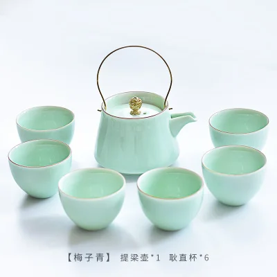 Чайник Celadon с подъемной ручкой, креативный бытовой керамический чайный набор, лучший подарок для отца, подарок на день отца - Цвет: 1 pot 6 cups green