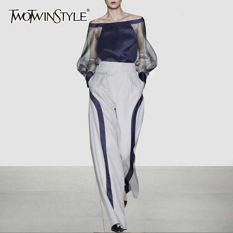 

TWOTWINSTYLE Wide Leg Pants Suits Women Patchwork Slash Neck Lantern Sleeve Blouse With High Waist Striped Maxi Pants Autumn OL