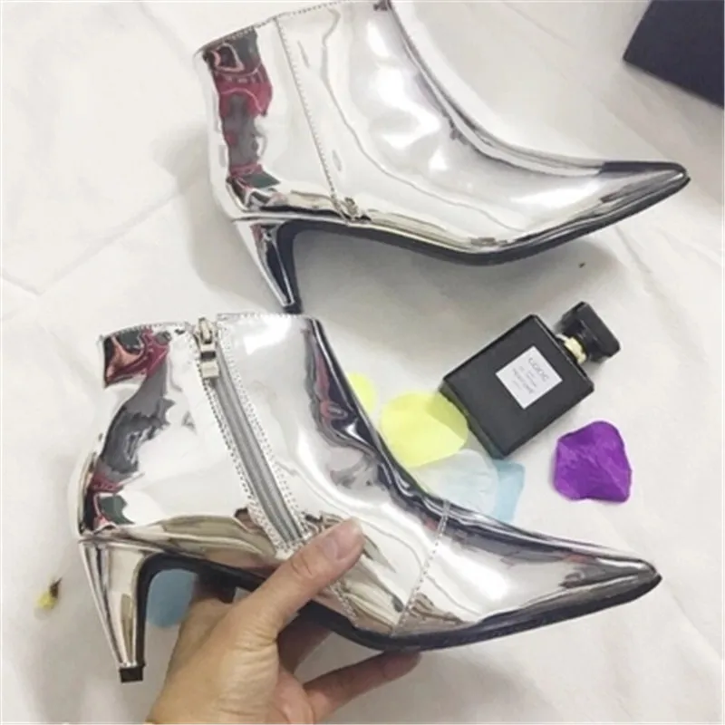

2018 new fashion trend of silver boots with patent leather boots fine pointed sharp shiny sexy boots women