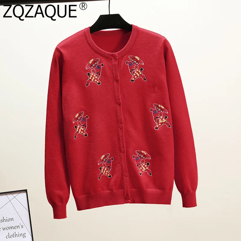 

Preppy Style Girls Cardigans Cute Pig Pattern Sequins Decor Red Black Knitwear Women's Casual Knit Top New Fashion Gifts for MAM