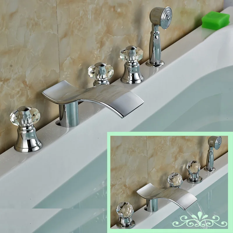 Classic Three Cristal Handles Waterfall Bathub Spout Faucet Deck Mounted Bathroom Roman Tub Filler Chrome Finish