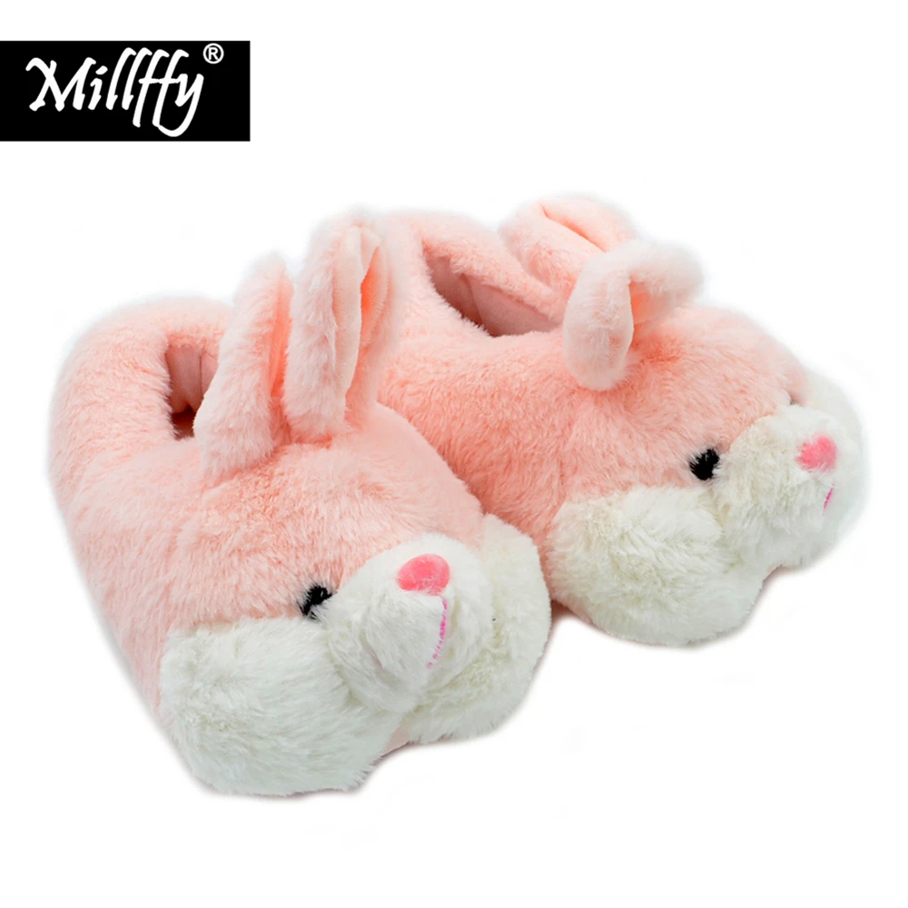 Prix Millffy belle rose lapin en peluche hiver chaud pantoufles de velours confortable chaussures d intérieur hamster lapin pantoufles chat en peluche pantoufles