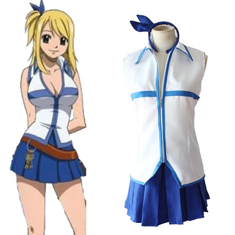 

Lucy Heartfilia FAIRY TAIL Cosplay Costume Women Halloween Party Dress Girl School Uniforms Anime Costume Sexy Tops Skirt Wig