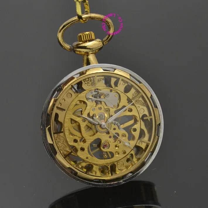 Золото Механические карманные часы Мужчины Скелет Steampunk Man FOB часы Роман Винтаж Ретро отец стильный ручной Ветер талии цепи
