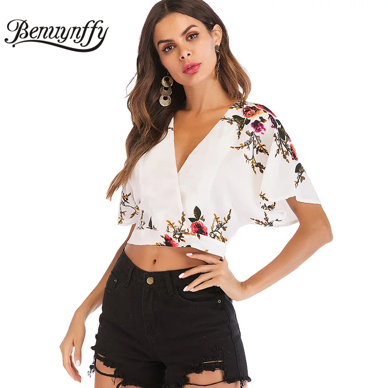 

Benuynffy Floral Print Boho Women Blouses 2019 Sexy Wrap V Neck Short Sleeve Crop Top Open Back Tie Beach Casual Summer Blouse