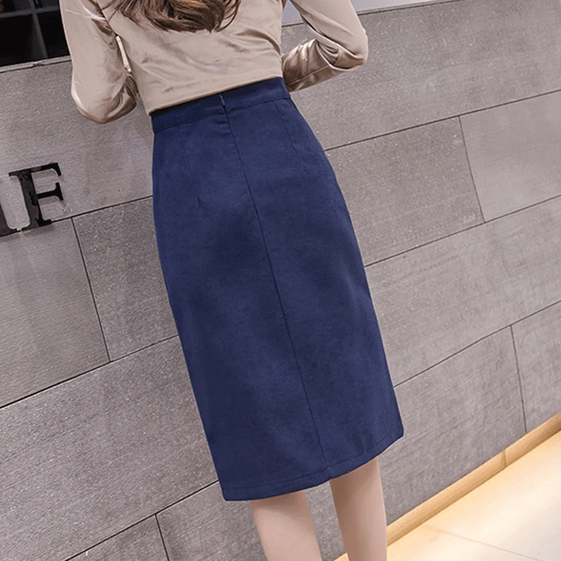 Новая Осенняя юбка с разрезом, Женская однобортная миди-юбка с высокой талией, Женская длинная офисная юбка, Faldas Mujer F222