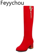 Женские ботинки мотоциклетные ботинки на высоком каблуке с круглым носком и металлической молнией, на толстом каблуке, г. зима-осень, теплые сапоги до колена, пикантные, черные, красные, размеры 34-43