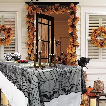 

1Pcs 240*120cm Rectangle Black Lace Spider Web Bat Halloween Tablecloth Overlay Halloween party Home Decoration Props