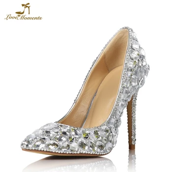 

Pointed Toe Gorgeous Crystal Wedding Shoes T-stage Performance High Heel Shoes Gorgeous Rhinestone Cinderella Prom Shoes