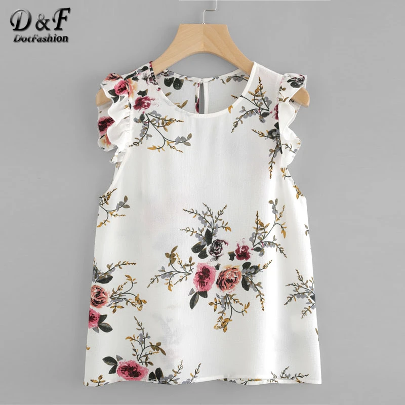 Dotfashion Frilled Armhole Button Closure Back Shell Top