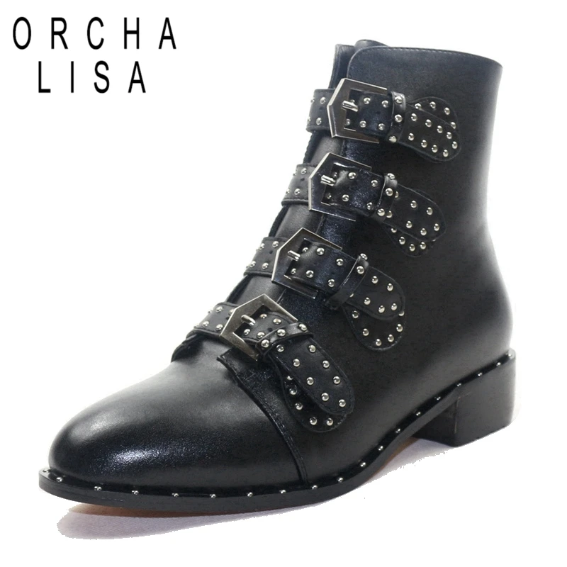 ORCHA LISA genuine leather ankle boots motorcycle boots women rivets