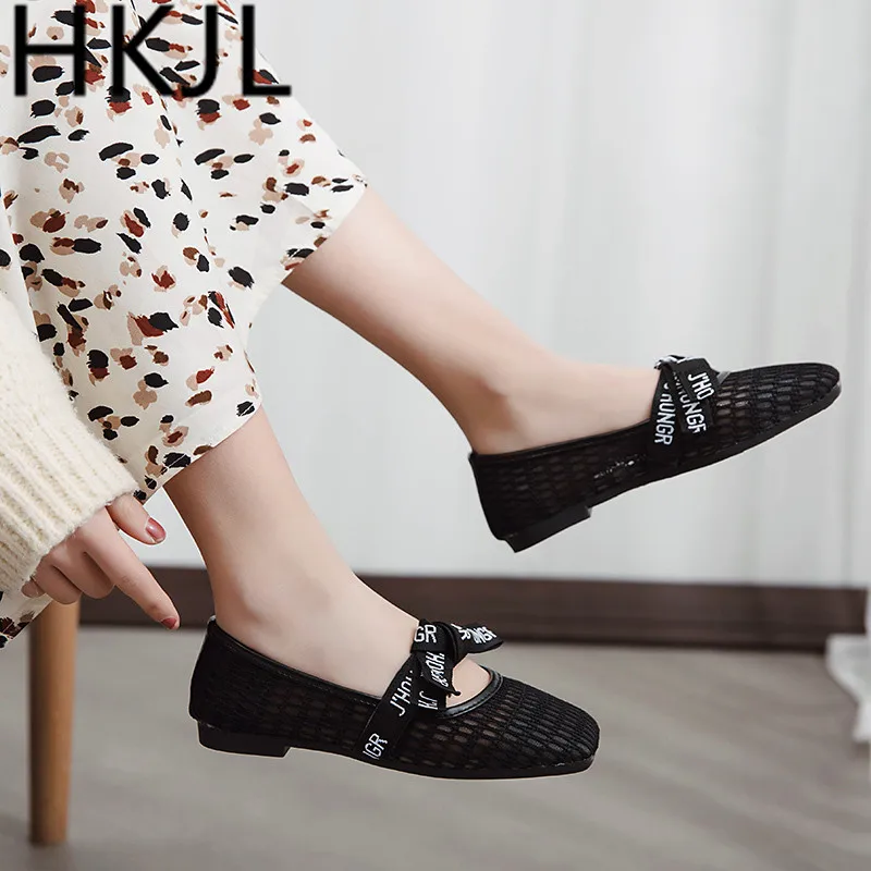 

HKJL Spring 2019 mesh sandals women's summer new hollowed-out lace shoes flat bottom round head shallow mouth breathable A223