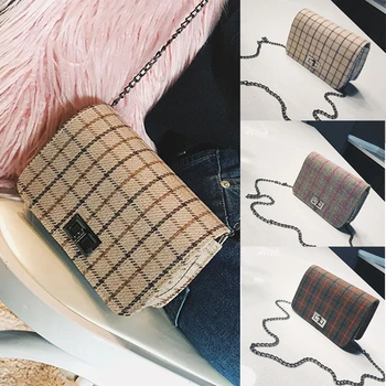 

New Women Fashion Elegant Vintage British Style Cotton Check Pattern Chain Small Shoulder Bag Ladies Crossbody Grid Bag