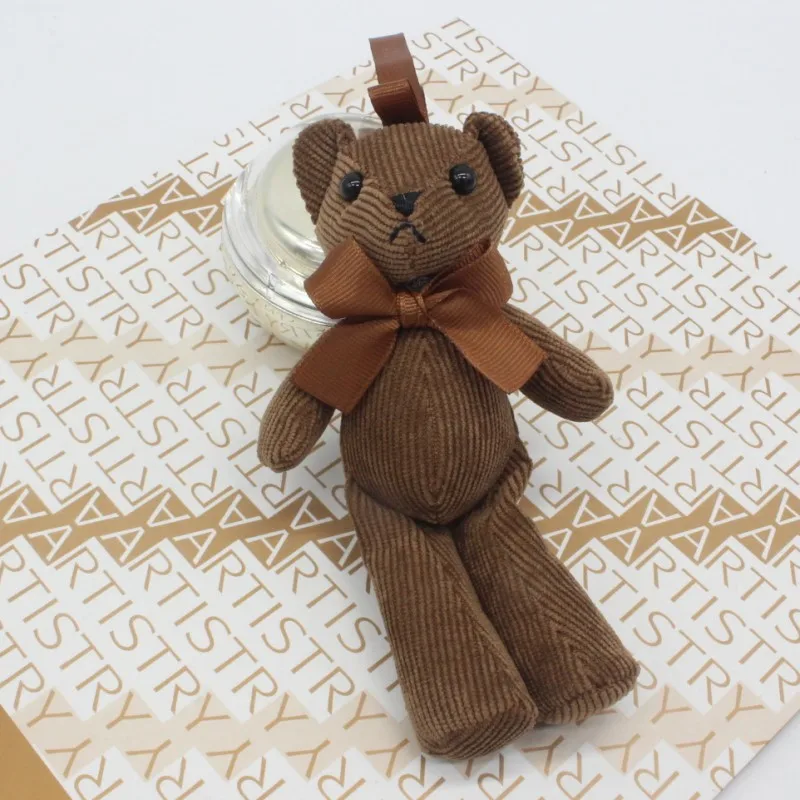 Corduroy Striped Bear Animal Stuffed Plush Toys Brown Bowknot Small Doll Car Bag Pendant Bouquet Wedding Decor Gift KeyChain - Цвет: BR