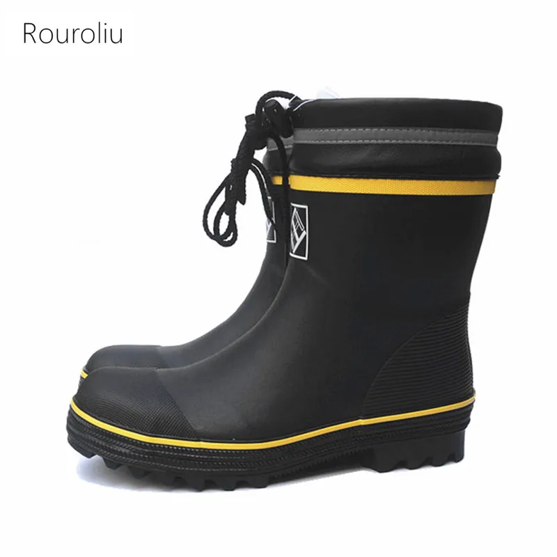 

Rouroliu Men Non-Slip Mid-Calf Rainboots Steel Toe Safety Footwear Autumn Waterproof Rubber Boots Man Fishing Shoes FR66