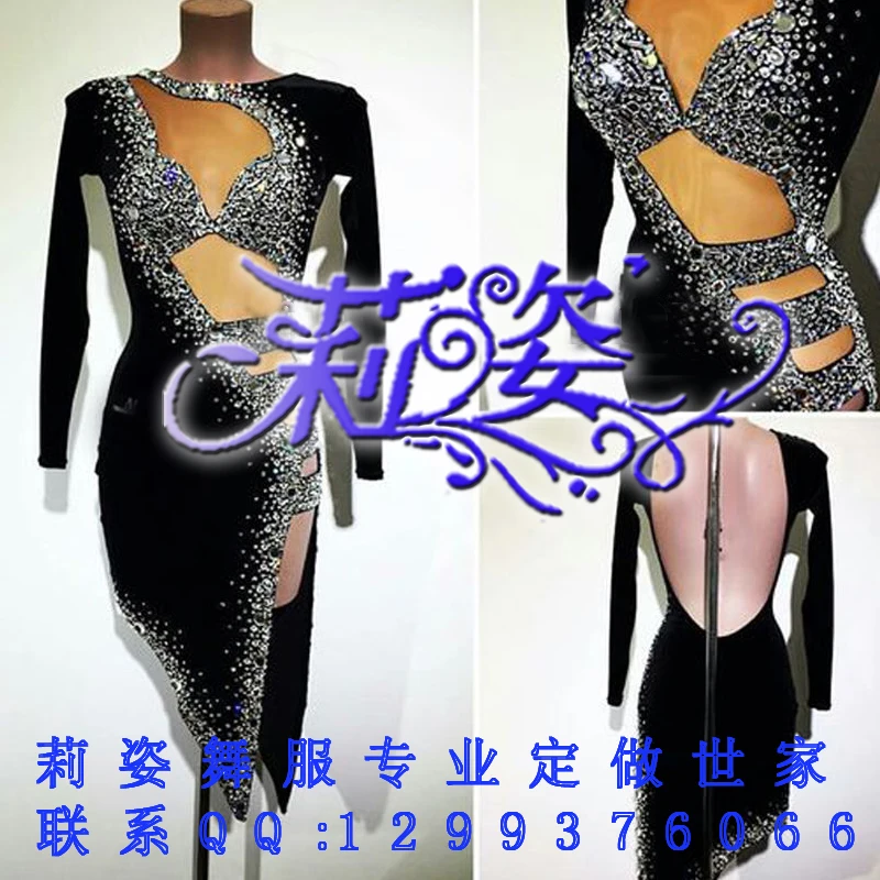 

Professional custom Black velvet fabric dance dress latin dance dress girl or lady hot latin dancing dress competition
