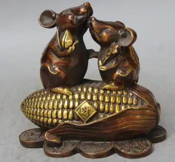

China Bronze Gilt Mouse Mice Hold RuYi Peach Stand Corn Coins Wealth Statue