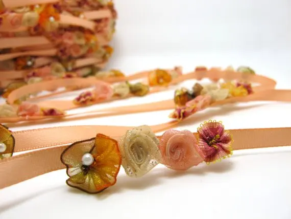 

Orange Peach Flower Rococo Ribbon Trim|Decorative Floral Satin Ribbon|Scrapbook Materials|Clothing|Decor|Craft Supplies