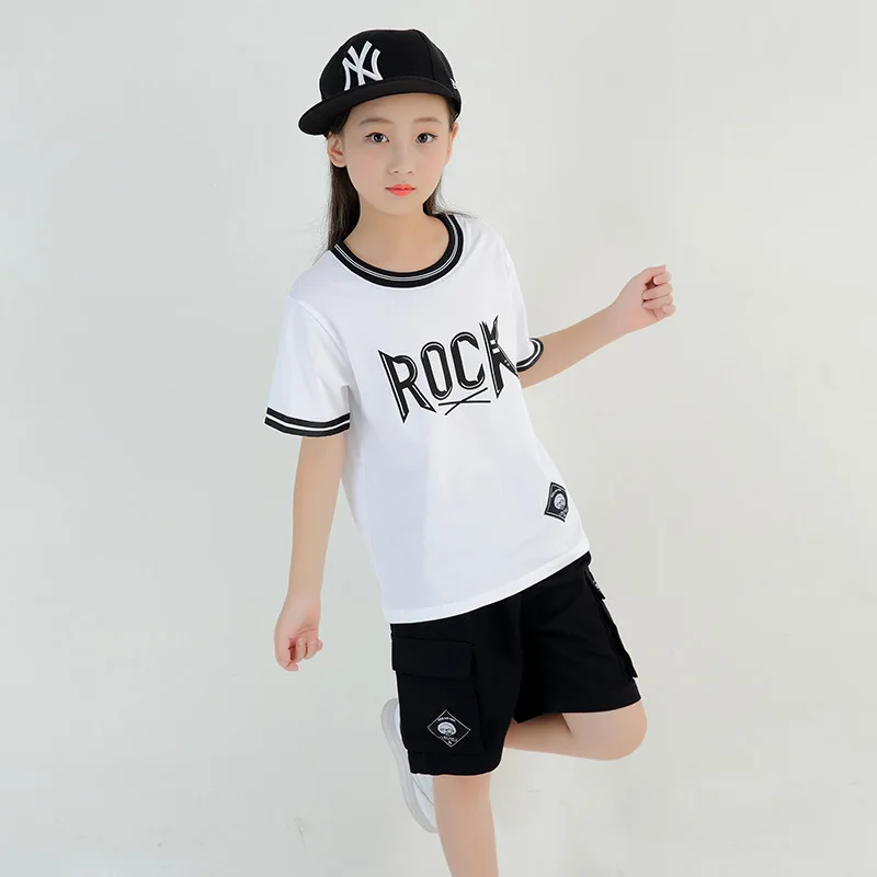 

Kids Hip Hop Clothes Summer Style "Rock" White Short Sleeve Hiphop T Shirt Black Short Pants Girls Boys Streetwear