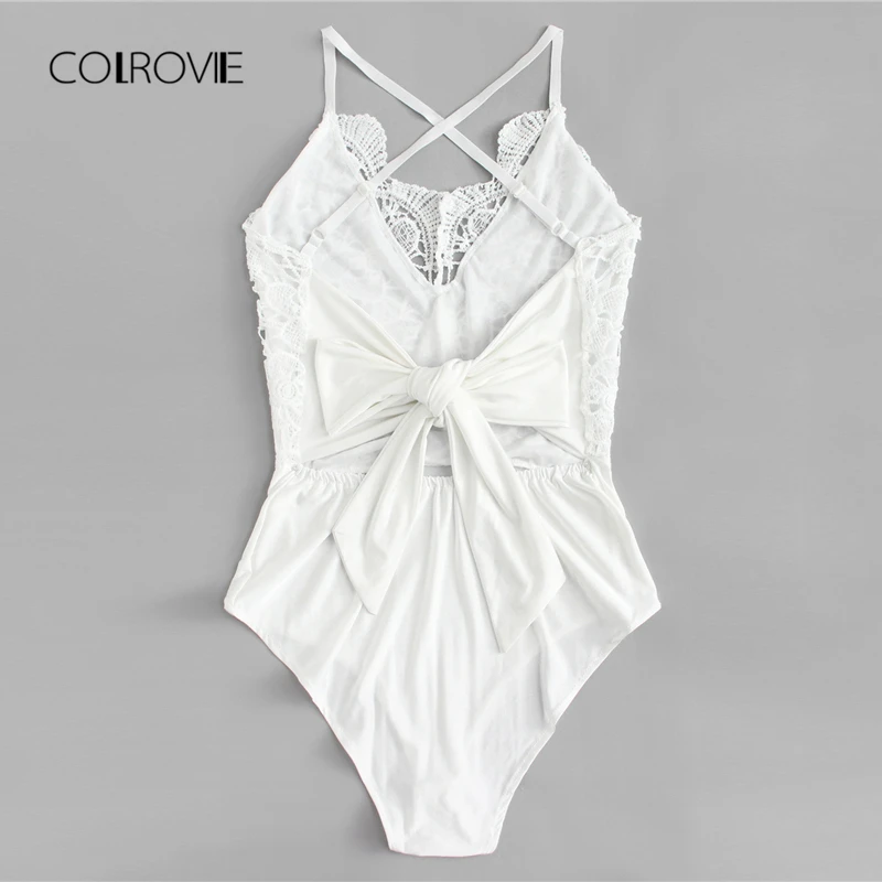 COLROVIE Lace Crochet Contrast Tie Back White Bodysuit 2018 Summer Spaghetti Strap Sexy Bodysuit Embroidery Women Bodysuit COLROVIE Lace Crochet Contrast Tie Back White Bodysuit 2018 Summer Spaghetti Strap Sexy Bodysuit Embroidery Women Bodysuit