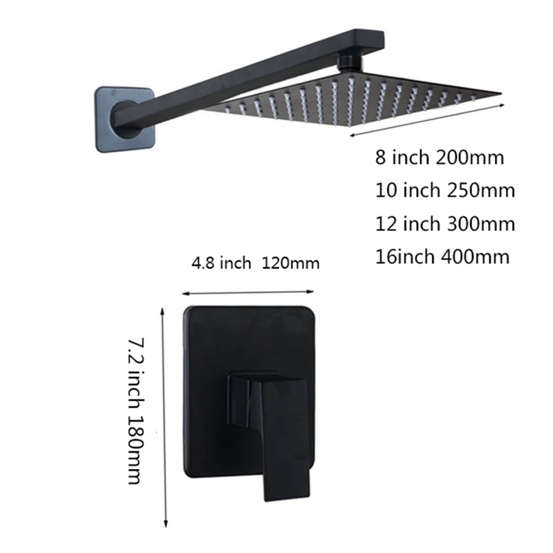 8-10-12-16-inch-Black-Painting-Wall-Mount-Soild-Brass-Rainfall-Bathroom-Ultrl-thin-Square