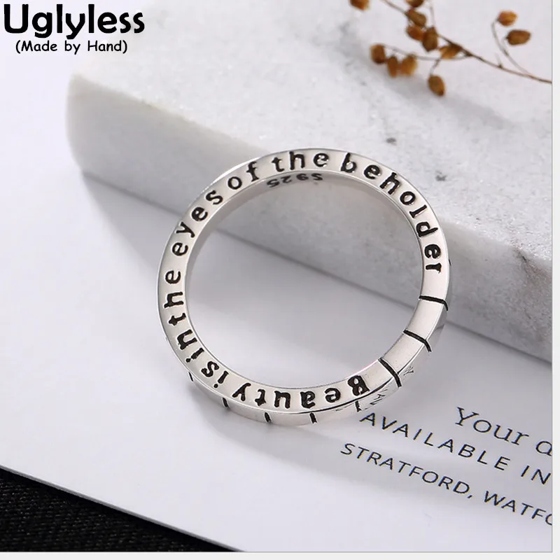 Uglyless Real S 925 Sterling Silver Handmade Engraved Letters Ring Women Rings Beauty is in the eyes of Beholder Proverb Bijoux | Украшения