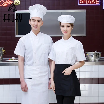

Unisex Solid Double Breasted Sushi Restaurant Food Service Short Sleeve White Chef Coat Pure Color Cooking Work Wear Uniforms