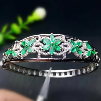 

Natural real emerald flower banlge 0.15ct*20pcs gemstone Free shipping 925 sterling silver For men or women #L193605