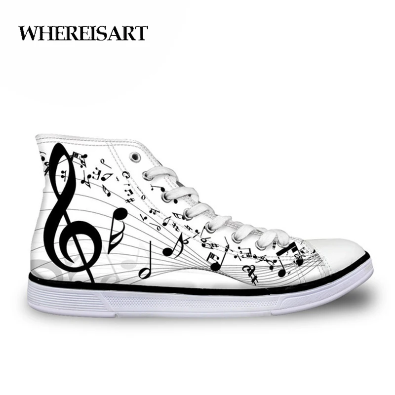 

WHEREISART Piano Music Notes Print 2019 New Women's Vulcanize Shoes Fashion Sneakers Ladies Casual High top Canvas Shoes Woman